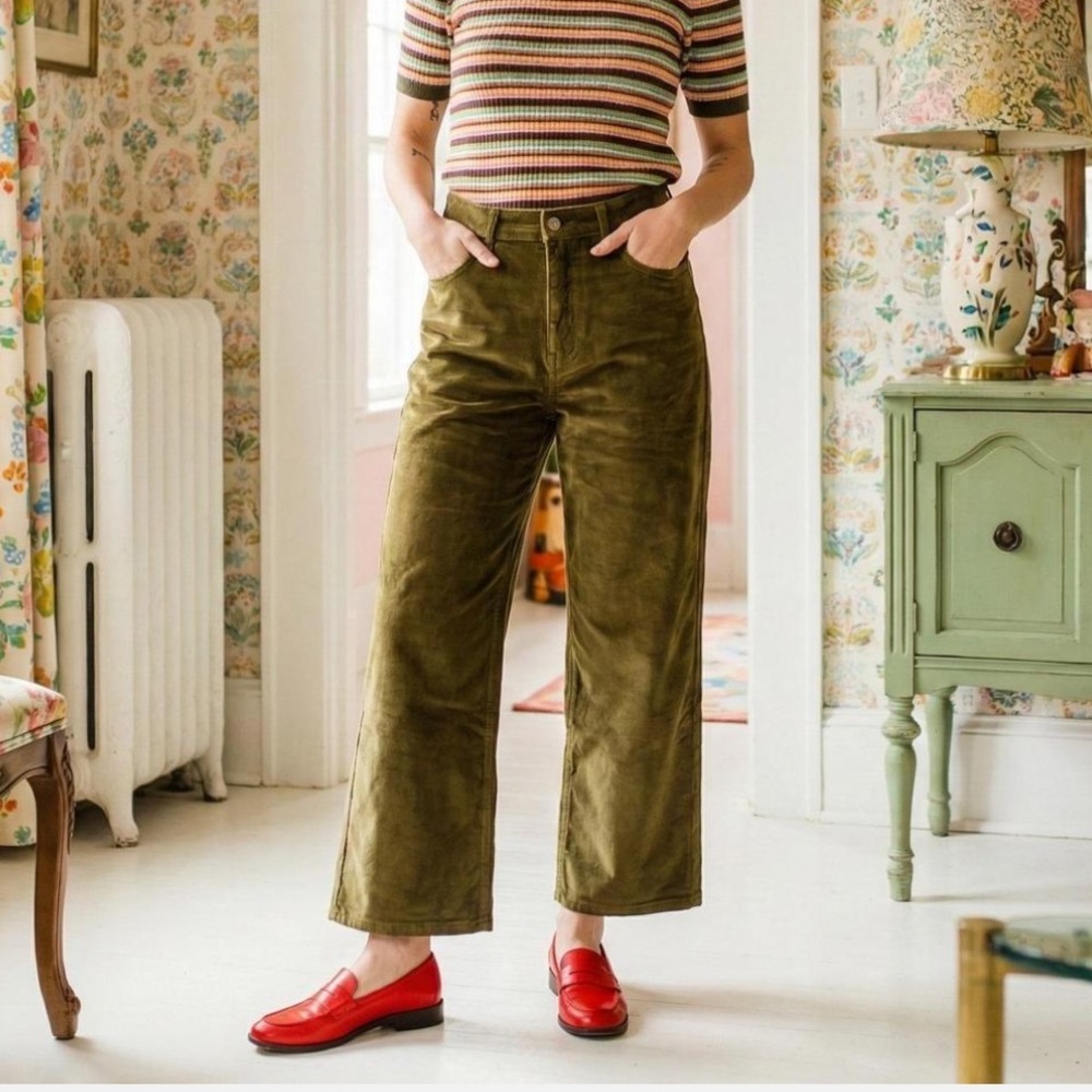 Frances Valentine Ace Wide Leg Velvet Pants Olive Green
